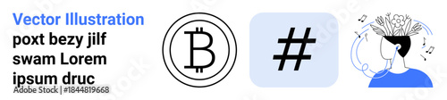 Bitcoin logo, metadata tag symbol, and person generating ideas with music and creativity. Ideal for innovation, technology, digital currency, social media, content creation, information sharing