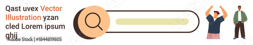Web search, user interface design, online inquiry, browsing, digital interaction, teamwork. A search bar with magnifying glass and two standing individuals. Web search and user interface design