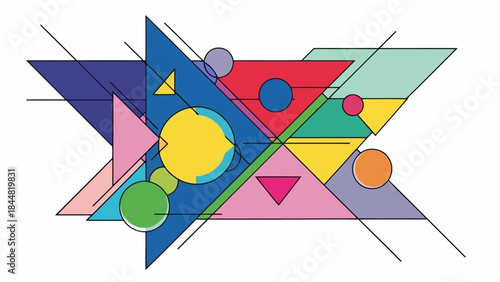 Abstract geometric composition with vibrant colors and overlapping shapes, reminiscent of memphis design style, featuring triangles and circles in bright blue, red, yellow, green, and pink