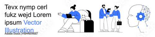 Business, artificial intelligence, teamwork, communication, tech innovation, neural networks. Woman on a laptop, professionals interacting digital brain illustration. Artificial intelligence