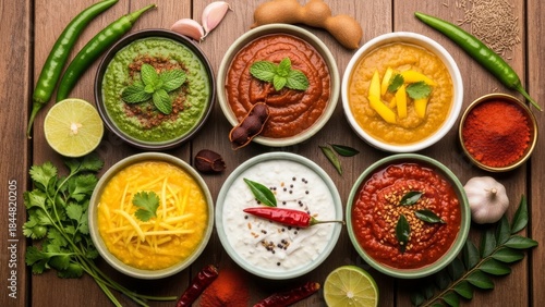 Wallpaper Mural Assortment of Indian Chutneys and Dips on Wooden Background. Torontodigital.ca