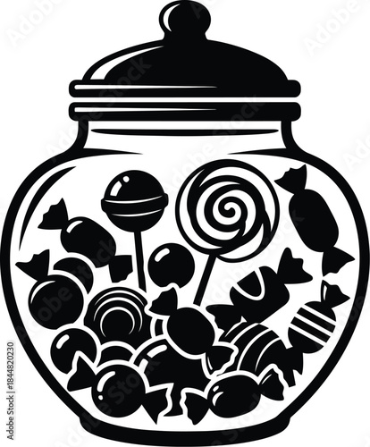 A black and white illustration of a glass jar filled with colorful candies