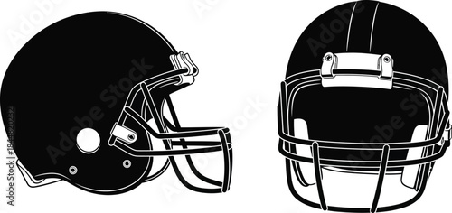 Two black and white illustrations of american football helmets are displayed