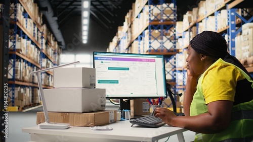Foto African american overworked woman struggling to stay awake, dealing with burnout after a long shift of processing orders in industrial warehouse space
