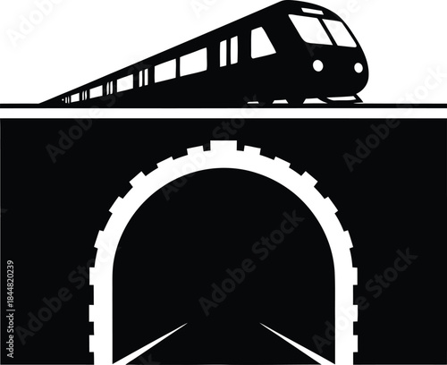 A simple black and white illustration of a train emerging from a tunnel