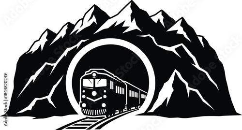 A vintage style illustration of a train entering a mountain tunnel