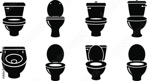 A collection of different toilet designs in a simple black and white illustration