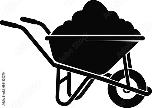 Simple black and white illustration of a wheelbarrow filled with material