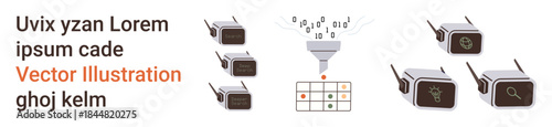 Data transfer, technology workflow, cybersecurity, digital transformation, network systems, data analysis. Wireless devices connecting to a funnel with output grid. Data transfer and technology