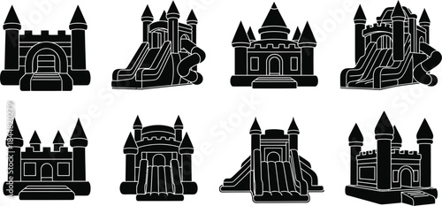 Collection of black and white illustrations depicting various castle bounce houses
