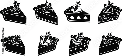 A collection of black and white pie slice illustrations with various fillings