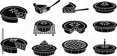 Black and white illustration of various pies and a slice served with a spatula