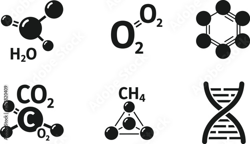 Illustrations of common chemical molecules including water oxygen carbon dioxide and dna