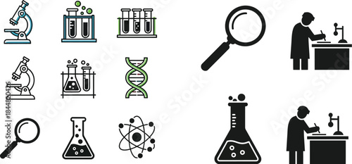 Scientific research icons depicting laboratory equipment dna and scientists at work