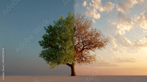 A solitary tree divided into lush green foliage and dry autumn leaves symbolizing contrast and change beneath a dramatic sky at sunrise or sunset over a barren land