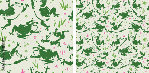 Cute Frogs Seamless Pattern Hand Drawn Spring Pond Vector