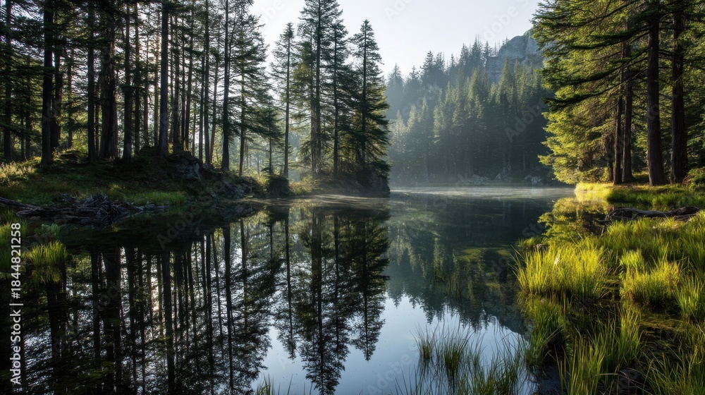 Obraz premium Morning light shines on a calm lake as tall trees line its banks. Reflections of the trees can be seen in the water. Mountains are visible in the background creating a natural setting.