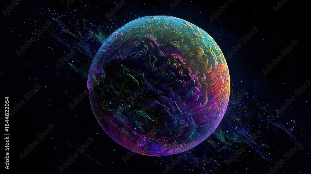 Obraz premium A planet appears in outer space showing various colors and intricate patterns. Bright hues dance across its surface creating a vivid visual effect. Stars surround the scene adding depth.