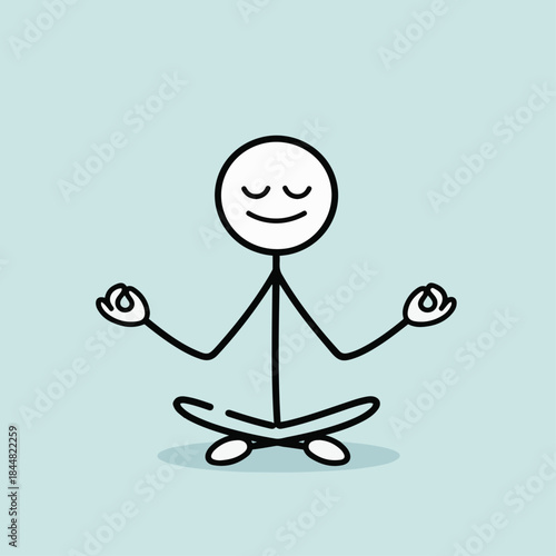 A simple stick figure character is meditating peacefully in a lotus yoga pose with closed eyes and a serene smile on a light blue background.
