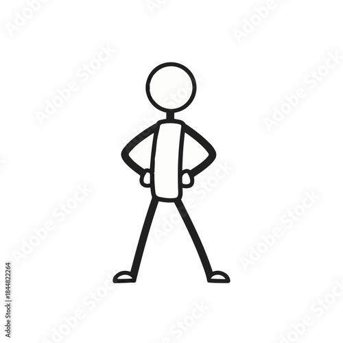 Simple black and white stick figure drawing standing with hands on hips in a confident pose.