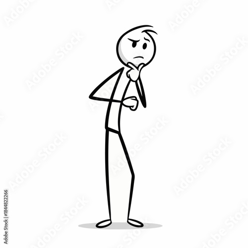 A simple black and white stick figure drawing of a person standing and thinking, with a hand on their chin and a thoughtful expression.