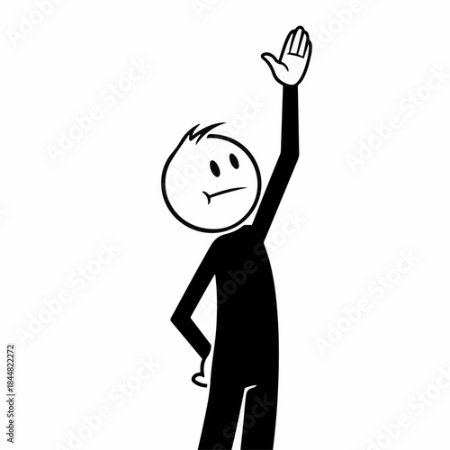 Black stick figure raising one hand with an open palm, signaling stop or asking a question.