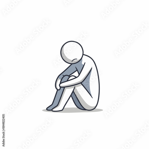 Simple stick figure sitting alone, head down, knees to chest, expressing sadness and despair on a white background.