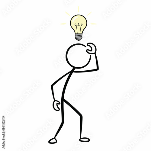 Stick figure with a glowing lightbulb above its head, symbolizing a new idea or creative thought process.