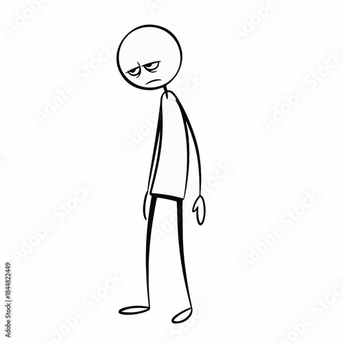 A simple black and white stick figure drawing depicting a sad and dejected person with a downward gaze.
