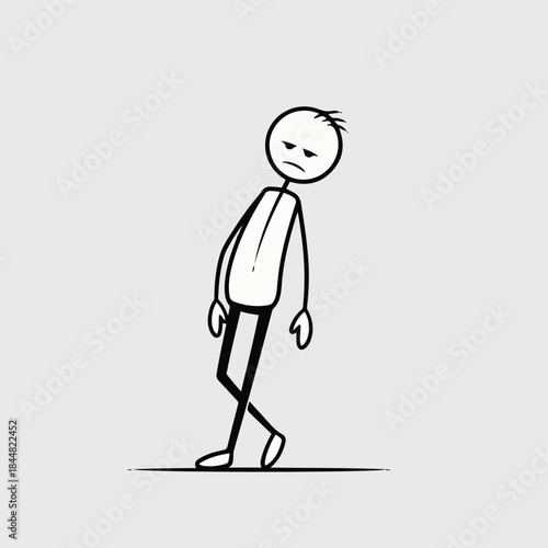 A simple black and white stick figure drawing of a tired and sad person with a slumped posture on a plain grey background, conveying exhaustion.