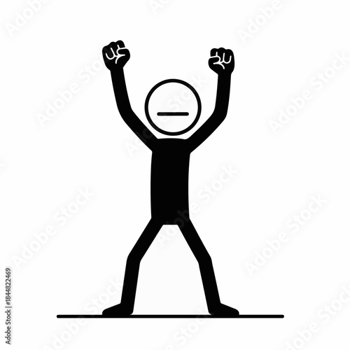 A black stick figure stands with arms raised in a triumphant pose, symbolizing success or victory.