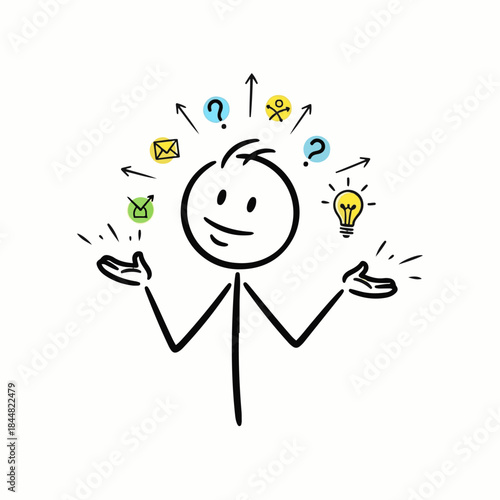 A stick figure character contemplating various ideas, questions, and communication symbols.