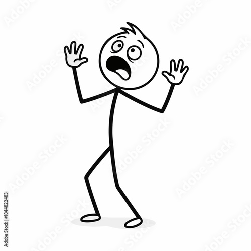 A simple stick figure drawing depicting a person looking scared and shocked with hands raised in alarm.