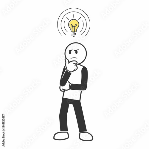 A simple cartoon person thinking deeply with a glowing light bulb above their head, symbolizing an idea.