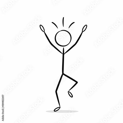 A simple black stick figure drawing with arms raised in celebration and one leg lifted, depicting happiness and excitement.