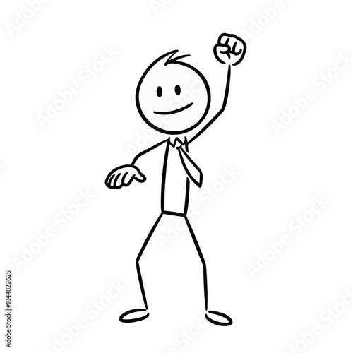A simple stick figure drawing of a person with a tie, smiling and raising one arm in a triumphant fist.
