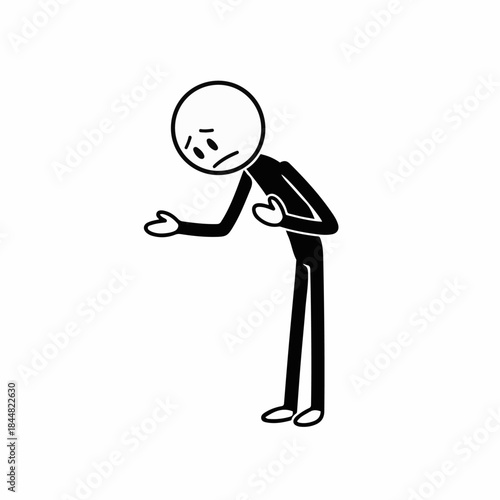 A black stick figure bowing with a sad expression, one hand extended in a gesture of asking or pleading, the other on its chest.