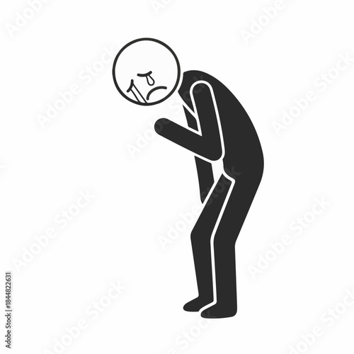 A black silhouette of a stick figure person bent over, crying with tears, depicting sadness, grief, or despair.