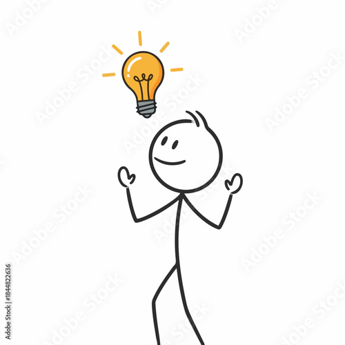 Stick figure with a glowing light bulb above its head, symbolizing a new idea, inspiration, or creative thought.