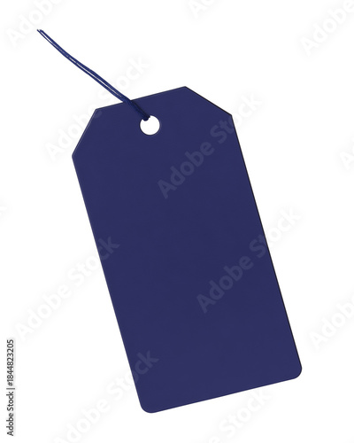 Dark blue rectangular tag with a hole and string on transparent background