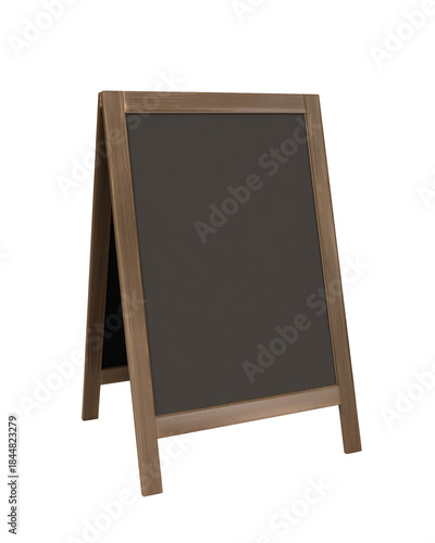 Wooden-framed chalkboard with black surface on transparent background