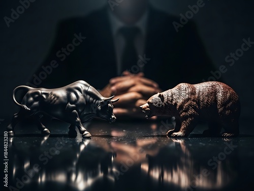 Dramatic Bull Bear Conflict in Front of Trader. Generative Ai