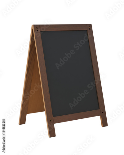 Freestanding wooden chalkboard with dark brown frame on transparent background