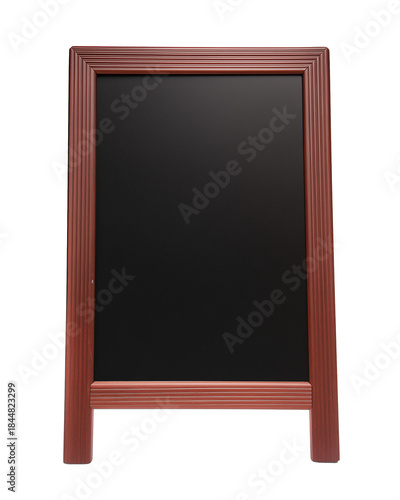 Sleek upright chalkboard with black surface and reddish-brown wooden frame on transparent background