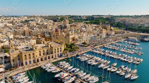 Drone aerial view of marina and boats, yachts. Birgu, Maltese island