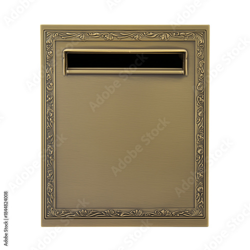 Ornate brass mail slot with intricate scrollwork and floral patterns on transparent background