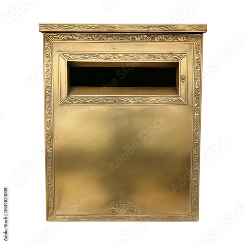 Brass mailbox with intricate engravings and swirling patterns on transparent background