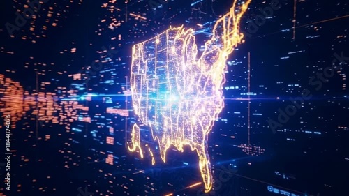 USA digital network animated map of America showing strategic military surveillance connections, cyber warfare infrastructure and geopolitical espionage operations across global territories