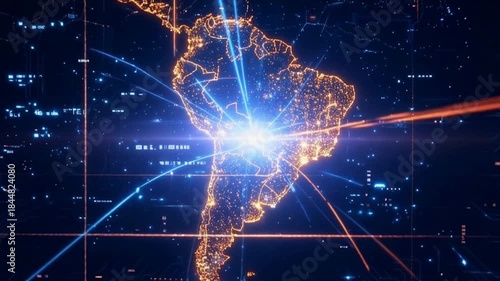 South America digital network map of Latam showing strategic military surveillance connections, cyber warfare infrastructure and geopolitical espionage operations across global territories. Animation