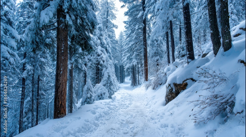 Fototapeta premium A snowy pathway meanders through tall trees blanketed with snow. The sun shines through the branches creating a bright scene in the winter forest.